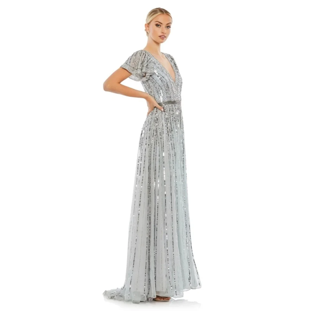 Cap sleeve embellished A-line blue slate gown - Picture 2 of 4